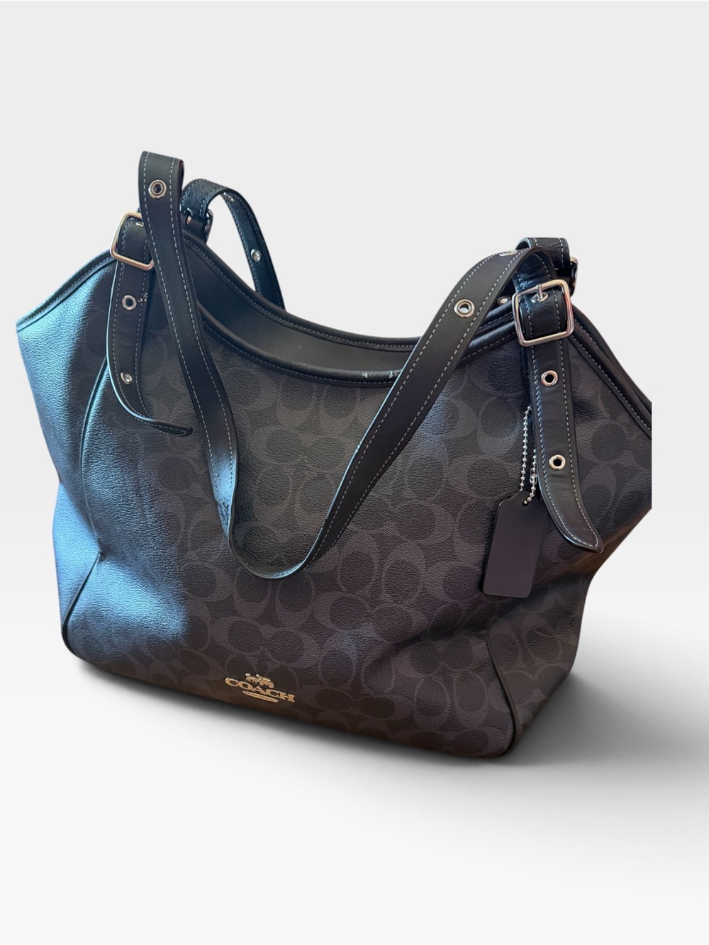 Coach Black Meadow Shoulder Bag in Signature Canvas Dual Straps Brown Interior